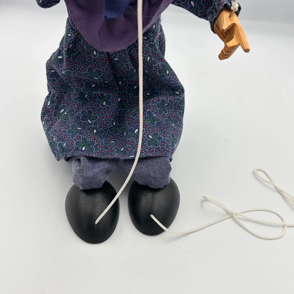 Vintage Marionette Puppet Folk Art Doll Blue‎ Floral Dress Wood Face